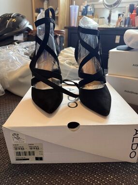 Aldo Black Suede Pointed Toe Crisscross Wrap Heels